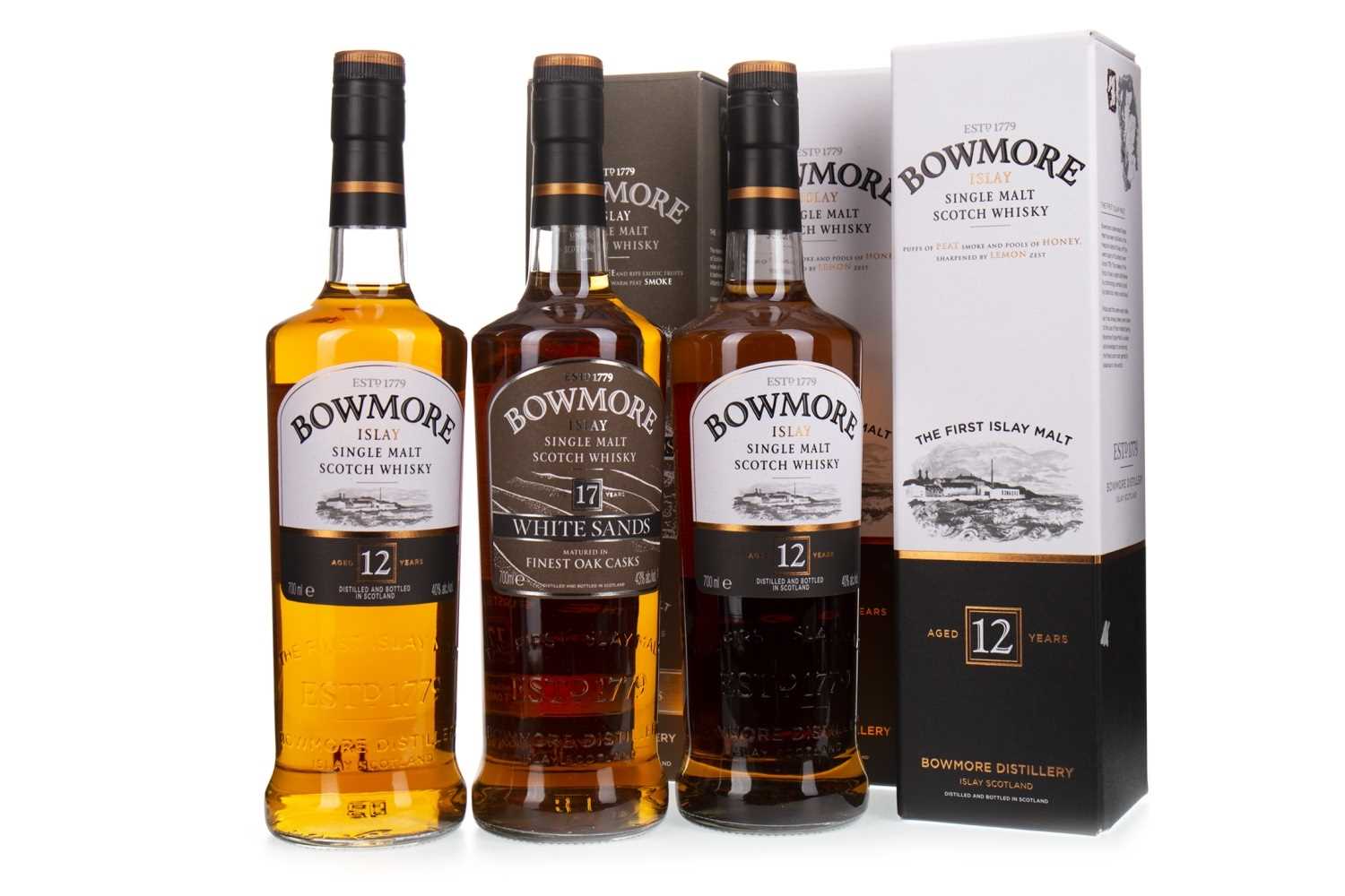 Lot 1329 - BOWMORE WHITE SANDS 17 YEARS OLD AND TWO BOWMORE 12 YEARS OLD