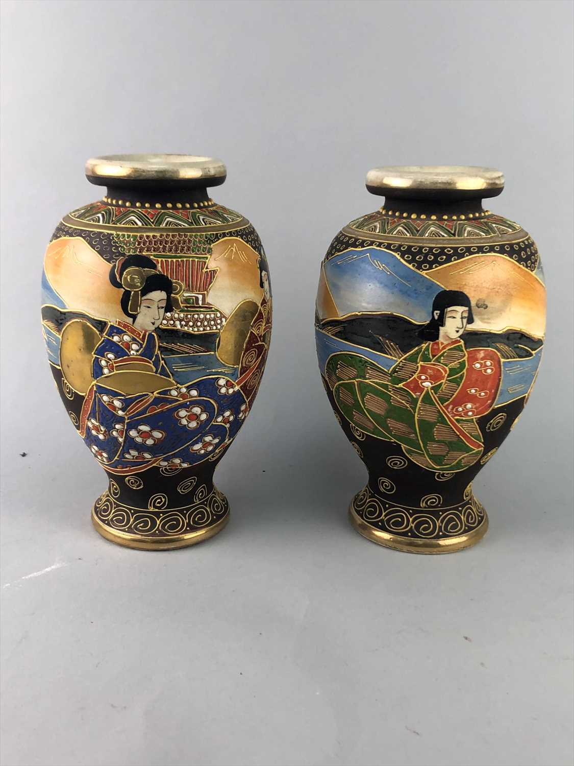 Lot 44 - A PAIR OF CHINESE SATSUMA VASES ALONG WITH A TEAPOT AND BOWL