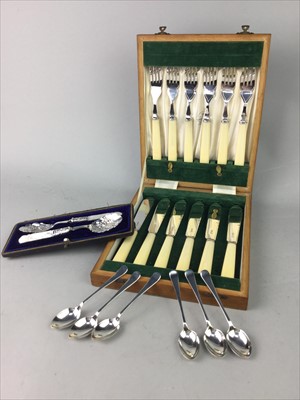 Lot 66 - A SET OF SIX SILVER SPOONS, SILVER PLATED AND GLASS WARE