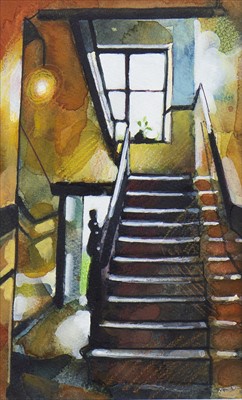Lot 81 - LIGHT GLOWING IN AN OCHRE CLOSE, A WATERCOLOUR BY BRYAN EVANS
