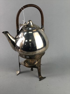 Lot 77 - A CHRISTOPHER DRESSER STYLE PLATED SPIRIT KETTLE ON STAND AND OTHER ITEMS