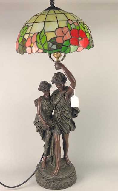 Lot 82 - A NEOCLASSICAL STYLE BRONZED FIGURAL LAMP WITH STAINED GLASS SHADE