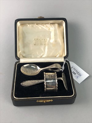 Lot 105 - A SILVER SET OF BABY SPOON, PUSHER AND NAPKIN RING, SILVER CIGARETTE CASE