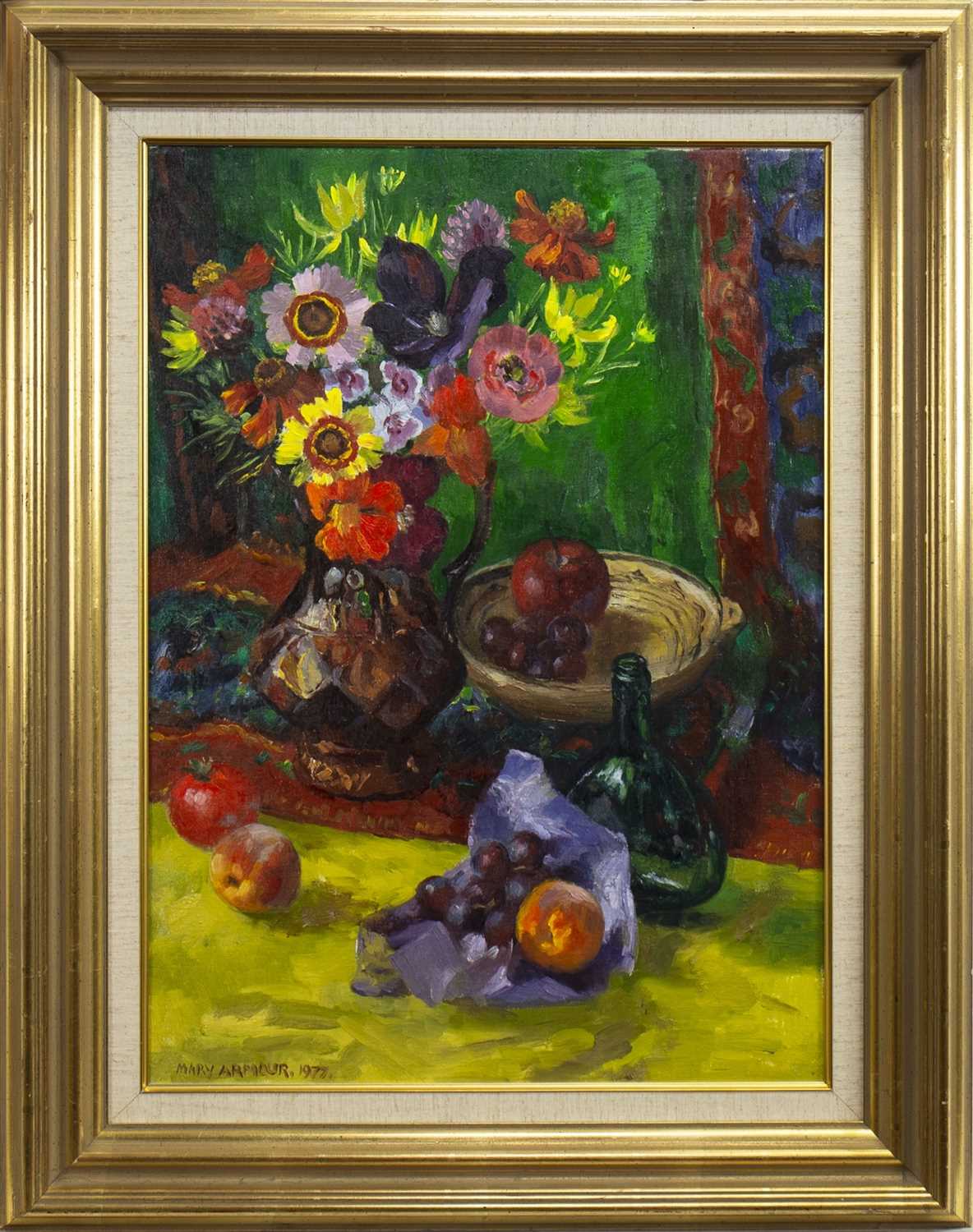 Lot 54 - STILL LIFE WITH GREEN CLOTH, AN OIL BY MARY ARMOUR