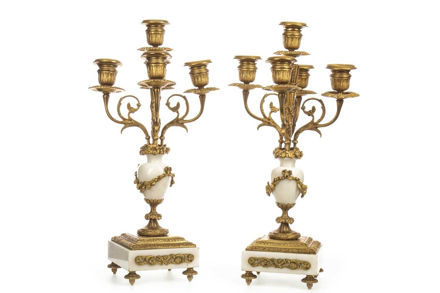 Lot 1631 - A PAIR OF ORMOLU AND ONYX CANDELABRA