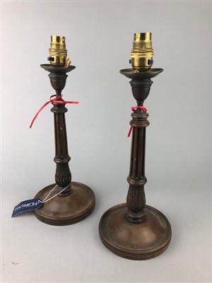 Lot 204 - A PAIR OF MAHOGANY CANDLESTICK TABLE LAMPS