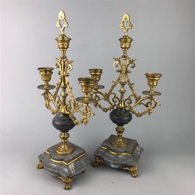 Lot 247 - A PAIR OF MARBLE AND GILT METAL THREE LIGHT CANDLEABRA