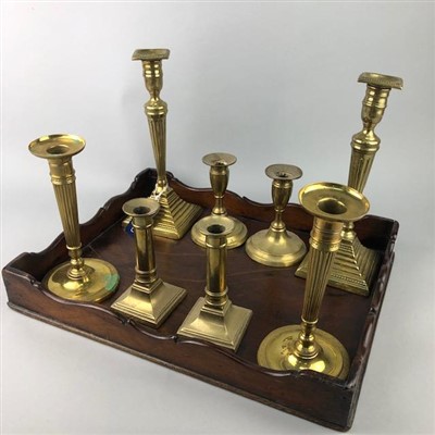 Lot 213 - A 19TH CENTURY MAHOGANY RECTANGULAR TRAY AND FOUR PAIRS OF CANDLESTICKS