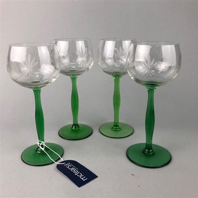 Lot 215 - AN EARLY 20TH CENTURY SET OF NINE GREEN AND CLEAR HOCK GLASSES