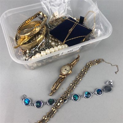 Lot 122 - A LOT OF COSTUME JEWELLERY AND THREE GOLD CASED WATCHES