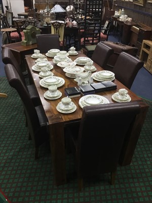 Lot 292 - A DINING TABLE AND SIX CHAIRS AND A SIMILAR TELEVISION STAND