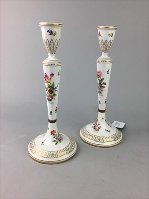 Lot 132 - A PAIR OF CONTINENTAL CANDLESTICKS ALONG WITH OTHER CERAMICS