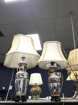 Lot 308 - A LOT OF TWO CHINESE STYLE VASE LAMPS AND THREE BRASS TABLE LAMPS