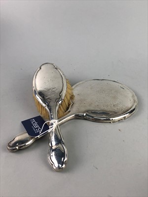 Lot 139 - A SILVER BACKED BRUSH AND HAND MIRROR ALONG WITH PLATED WARE