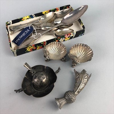 Lot 313 - A PAIR OF SILVER SALT DISHES AND TEASPOONS