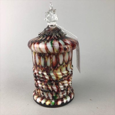 Lot 315 - A LATE 19TH CENTURY MOTTLED GLASS CYLINDRICAL JAR WITH COVER
