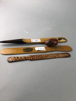 Lot 322 - A LOT OF TWO MAUCHLINE WARE PAGE TURNERS ALONG WITH ANOTHER AND AN EGG