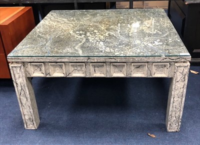 Lot 150 - A GLASS TOPPED SIMULATED MARBLE TABLE