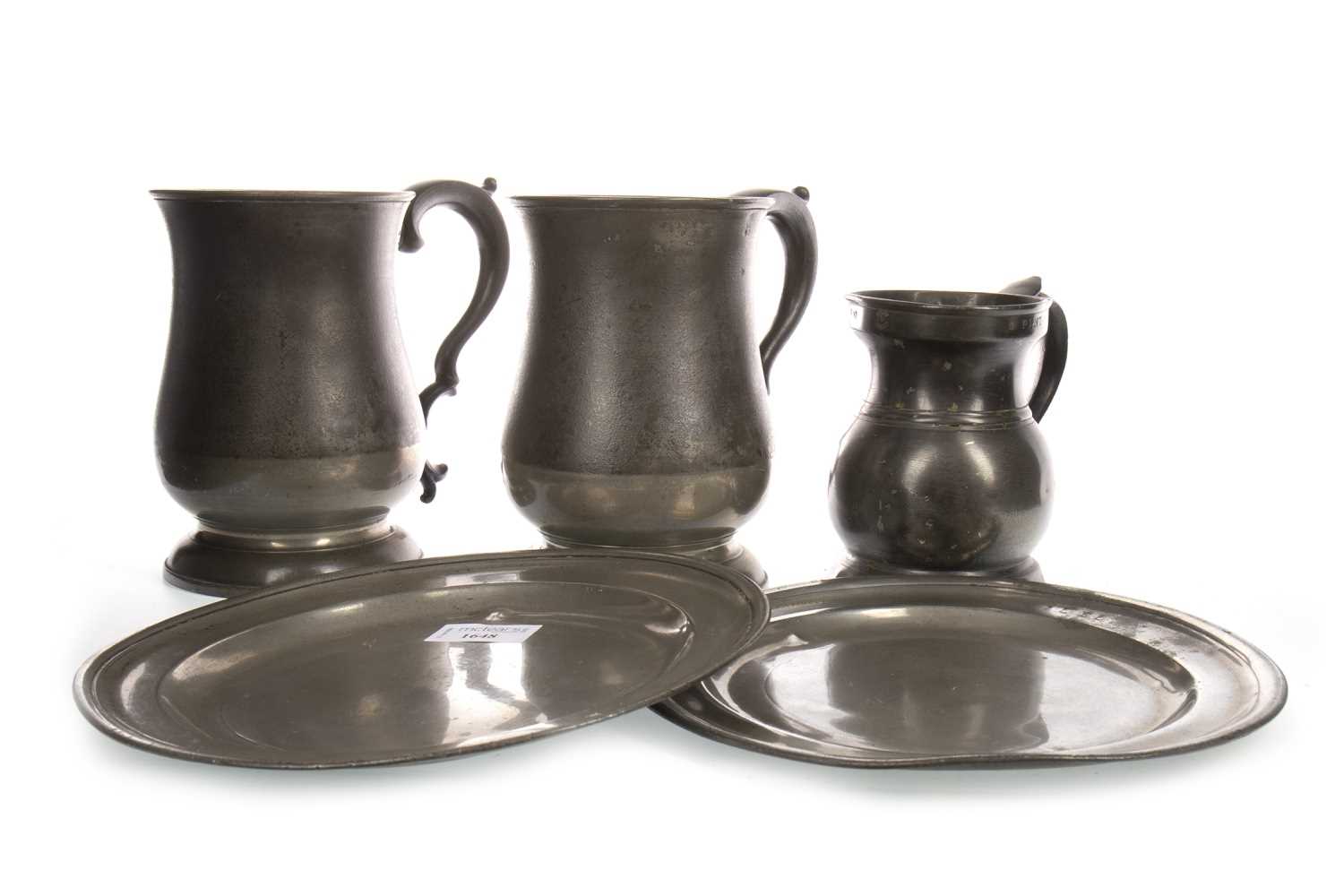 Lot 1648 - A LOT OF TWO 18TH CENTURY PEWTER PLATES ALONG WITH THREE VICTORIAN MEASURES