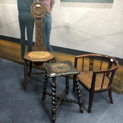 Lot 160 - A 20TH CENTURY SPINNING CHAIR, A CRAVED STOOL AND A CHILD'S CHAIR
