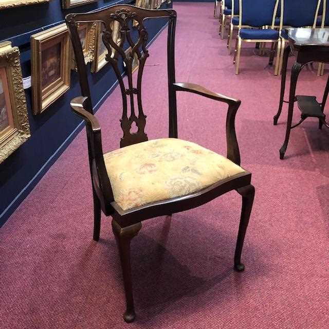 Lot 165 - A MAHOGANY OPEN ELBOW CHAIR AND FOUR SINGLE CHAIRS