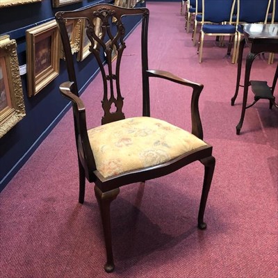 Lot 165 - A MAHOGANY OPEN ELBOW CHAIR AND FOUR SINGLE CHAIRS