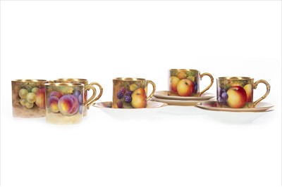 Lot 1293 - A COMPOSITE SET OF SIX ROYAL WORCESTER HAND PAINTED COFFEE CUPS AND SAUCERS