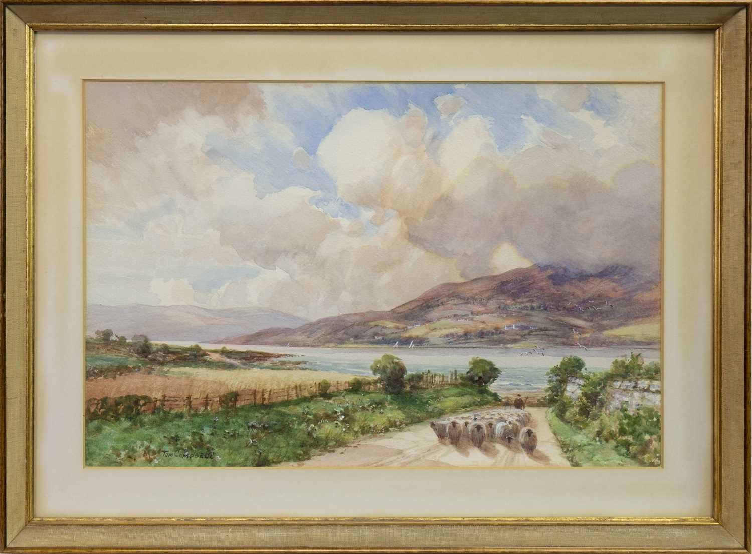 Lot 425 - LOCH LONG, A WATERCOLOUR BY TOM CAMPBELL