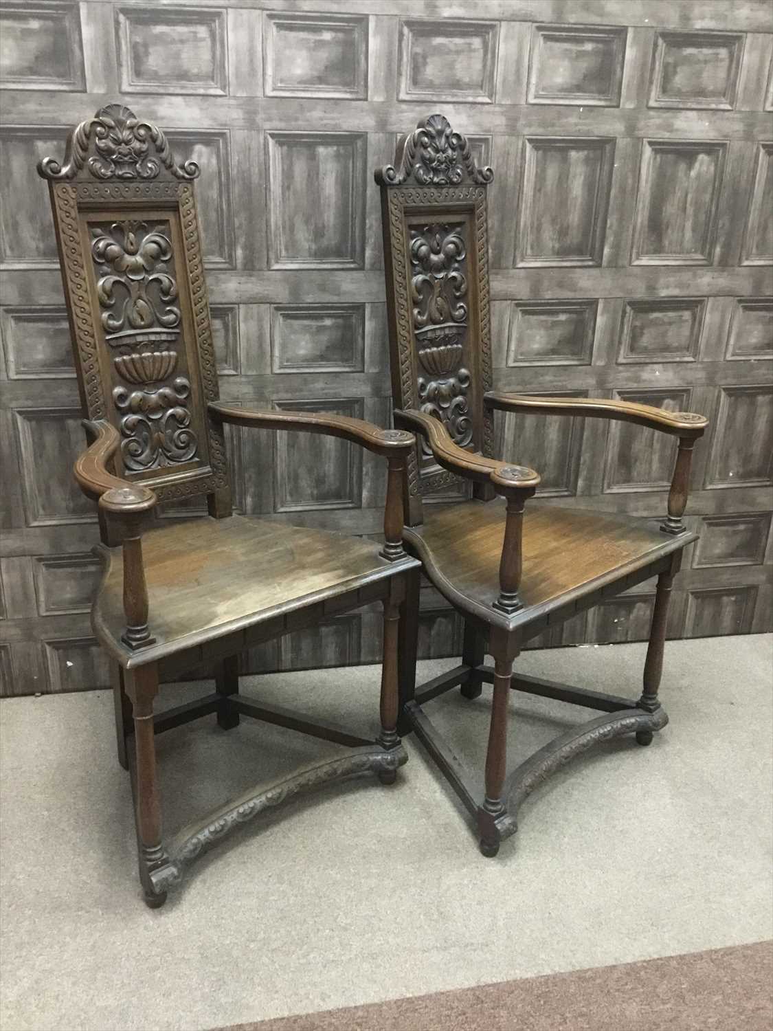 Lot 1602 - A PAIR OF WALNUT CAQUETOIRE CHAIRS OF 16TH CENTURY DESIGN
