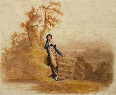 Lot 178 - WOMAN RESTING BY A GATEPOST, A WATERCOLOUR BY H HARDING