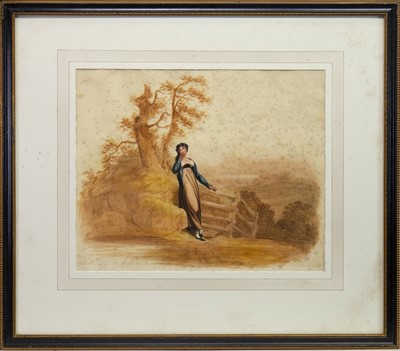 Lot 178 - WOMAN RESTING BY A GATEPOST, A WATERCOLOUR BY H HARDING