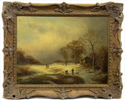 Lot 430 - WINTER SCENE WITH FIGURES BY A FROZEN STREAM