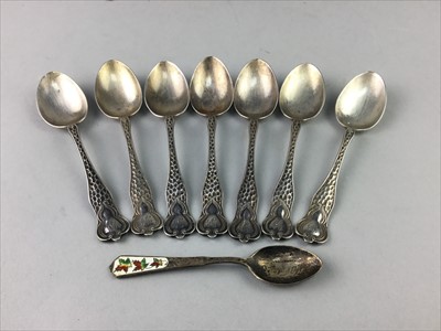 Lot 330 - A SET OF SEVEN SILVER TEASPOONS, AN ENAMEL COFFEE SPOON AND FOUR HUMMEL FIGURES
