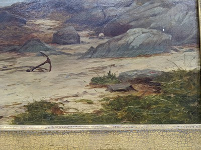 Lot 4 - COASTAL SCENE WITH BEACHED BOAT, AN OIL BY GEORGE WHITTON JOHNSTONE