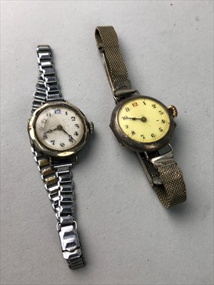 Lot 456 - A LOT OF SILVER AND OTHER WATCHES AND AN ALBERT CHAIN