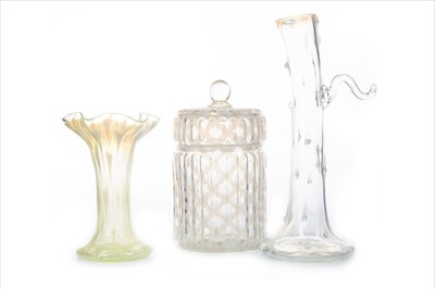 Lot 401 - A LOT OF TWO VASELINE GLASS VASES AND A BONBON JAR