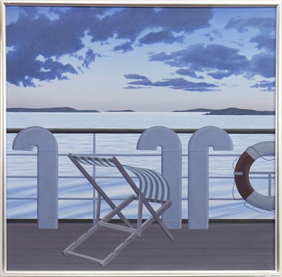 Lot 563 - DECK CHAIR AT DUSK, AN OIL BY