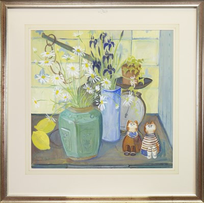 Lot 547 - STILL LIFE WITH FLOWERS AND CATS, A WATERCOLOUR BY FIONA MACDONALD