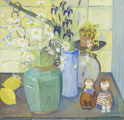 Lot 547 - STILL LIFE WITH FLOWERS AND CATS, A WATERCOLOUR BY FIONA MACDONALD
