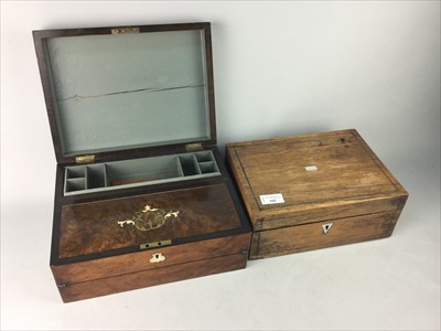 Lot 440 - A WALNUT WRITING BOX, AN OAK JEWELLERY BOX AND A BOOK REST