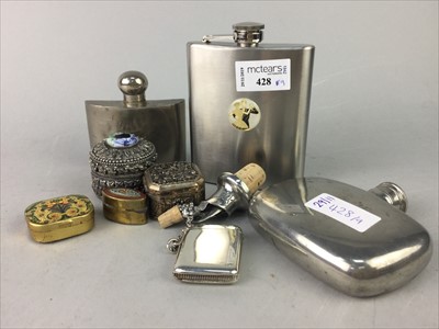 Lot 428 - A SILVER VESTA CASE, THREE SILVER PLATED HIP FLASKS AND FOUR TRINKET BOXES