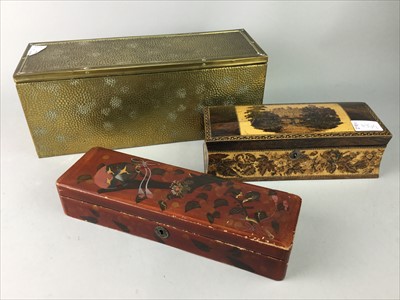 Lot 430 - AN INLAID JEWELLERY BOX, AN EASTERN HAND PAINTED BOX AND A BRASS BOX