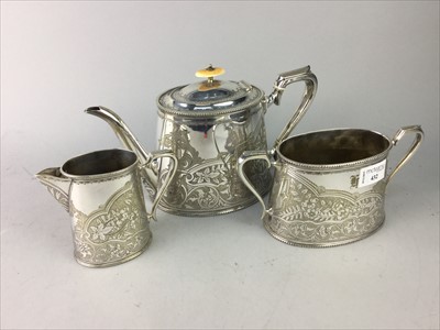 Lot 432 - A SILVER PLATED THREE PIECE TEA SERVICE, TWO TRAYS AND A CHRISTENING MUG