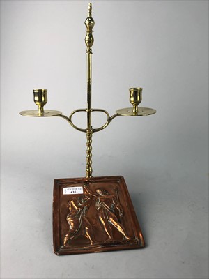 Lot 435 - A COPPER WALL PLAQUE, A CANDLESTICK, DECANTER AND A PRESERVE JAR