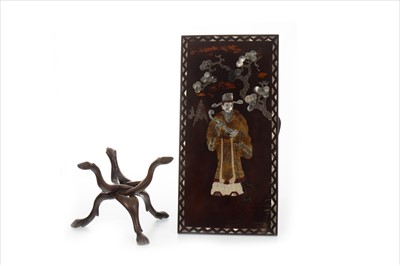 Lot 1048 - A SET OF THREE 20TH CENTURY CHINESE LACQUERED WOOD WALL PANELS AND A STAND