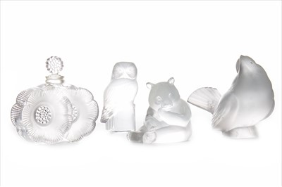 Lot 1299 - A LOT OF THREE LALIQUE FIGURES ALONG WITH A PERFUME BOTTLE