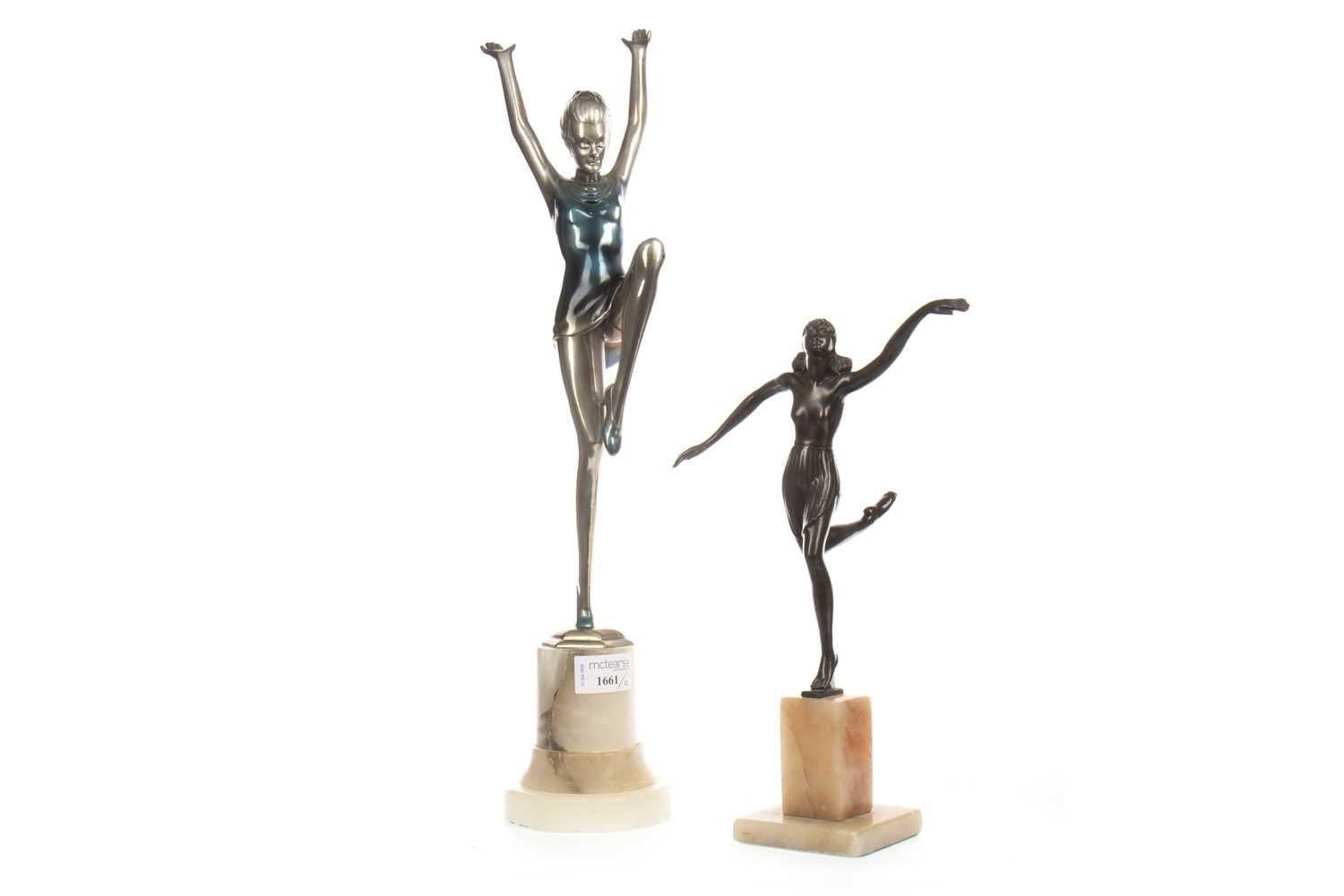 Lot 1661 - AN ART DECO STYLE SILVERED BRONZE FIGURE OF A DANCER ALONG WITH ANOTHER