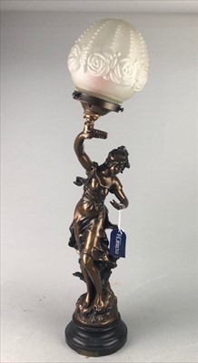 Lot 499 - A BRONZED RESIN FIGURAL LAMP WITH SHADE