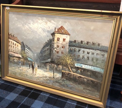 Lot 453 - A STREET SCENE, AN OIL SIGNED BURNETT