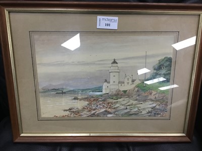 Lot 101 - COASTAL SCENE WITH LIGHTHOUSE, A WATERCOLOUR BY WILL GREER
